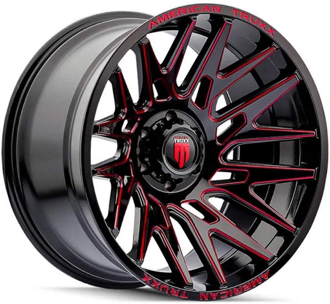 22x12 American Truxx AT1919 Evolution Gloss Black w/ Red Milled Spokes (* May Require Trimming) 6x135 -44mm - Flex Offroad