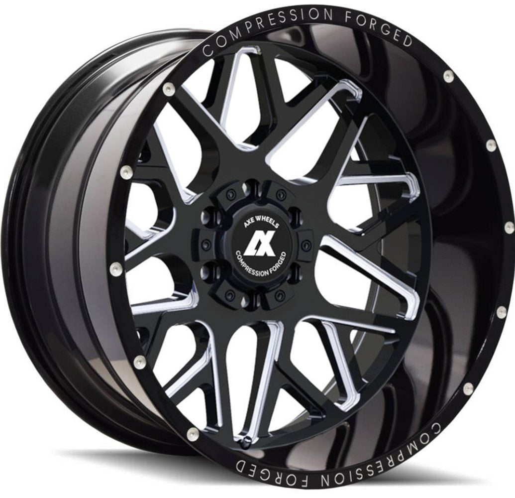 (Clearance - No Returns) 22x12 AXE Offroad AX5.0 Gloss Black Milled (Compression Forged) (* May Require Trimming) 6x135 6x5.5/139.7 -44mm