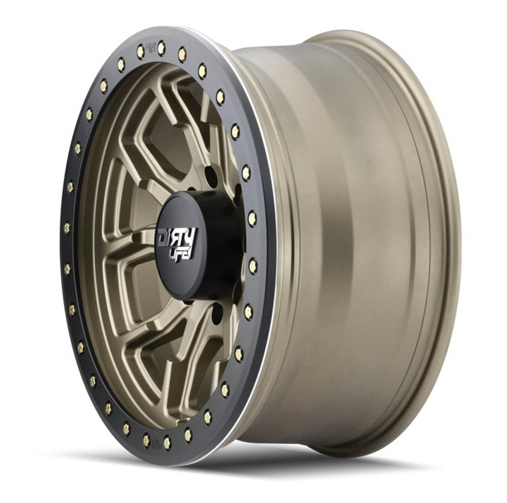17x9 Dirty Life 9303 DT-1 Satin Gold w/ Simulated Beadlock Black Ring 6x5.5/139.7 -12mm - Flex Offroad