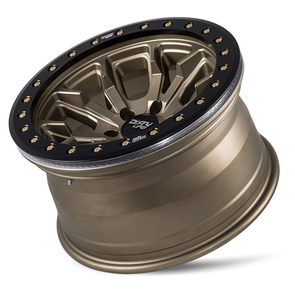 17x9 Dirty Life 9303 DT-1 Satin Gold w/ Simulated Beadlock Black Ring 6x5.5/139.7 -12mm - Flex Offroad