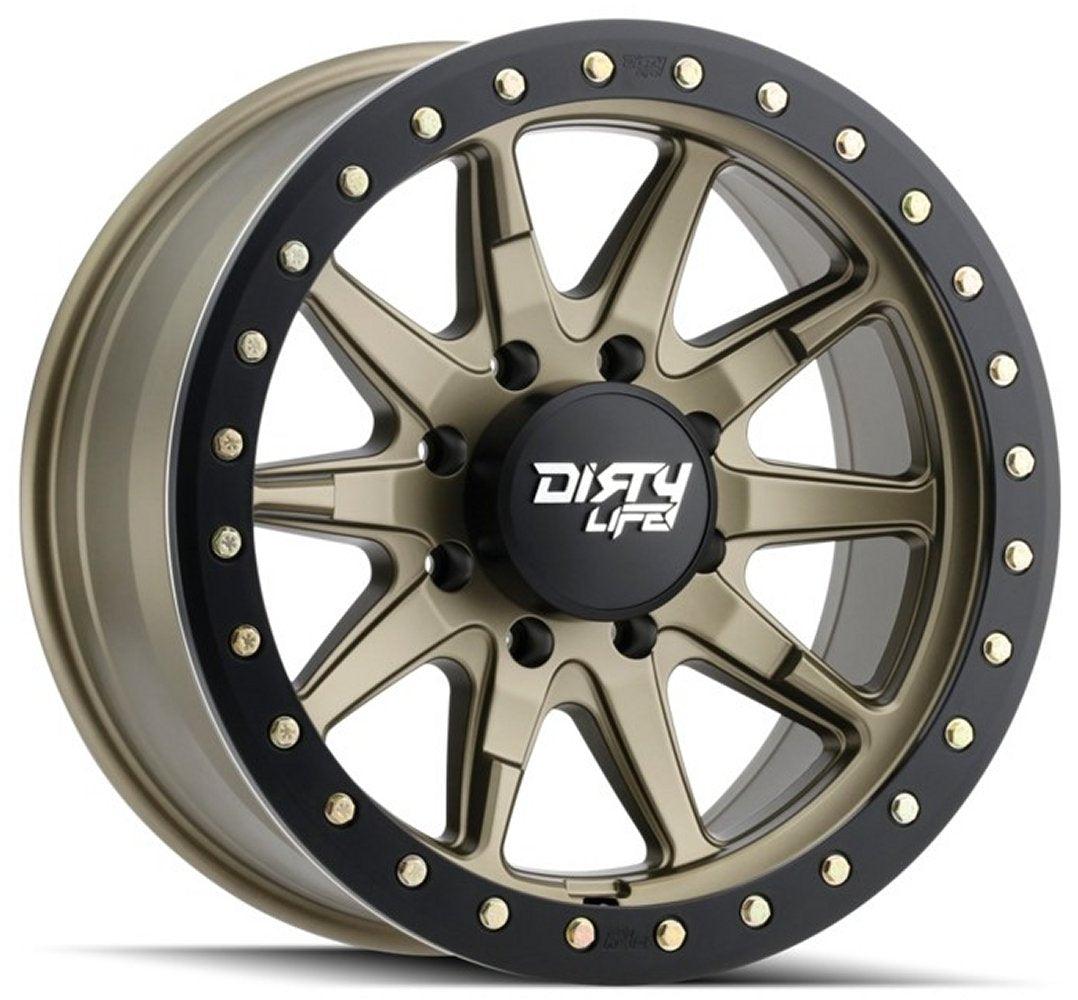 17x9 Dirty Life 9304 DT-2 Satin Gold w/ Simulated Beadlock Black Ring 6x5.5/139.7 -12mm - Flex Offroad