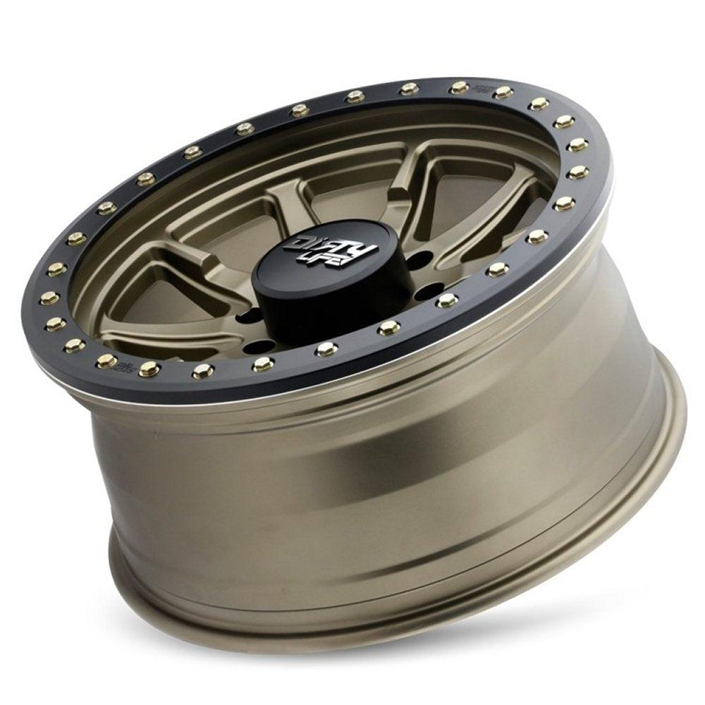 17x9 Dirty Life 9304 DT-2 Satin Gold w/ Simulated Beadlock Black Ring 6x5.5/139.7 -12mm - Flex Offroad