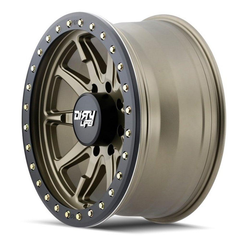 17x9 Dirty Life 9304 DT-2 Satin Gold w/ Simulated Beadlock Black Ring 6x5.5/139.7 -12mm - Flex Offroad