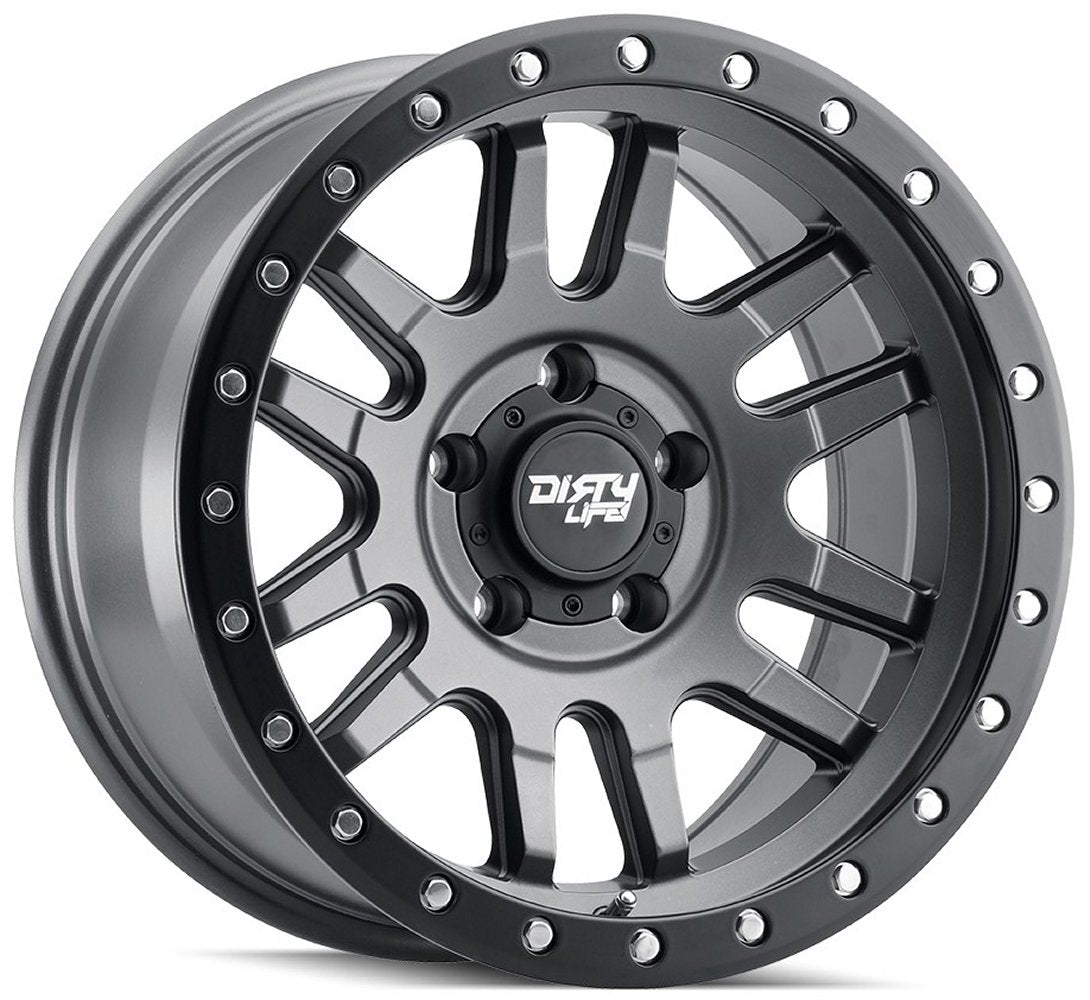 17x9 Dirty Life 9309 Canyon Pro Satin Graphite w/ Simulated Beadlock Black Ring 5x5/127 -12mm - Flex Offroad