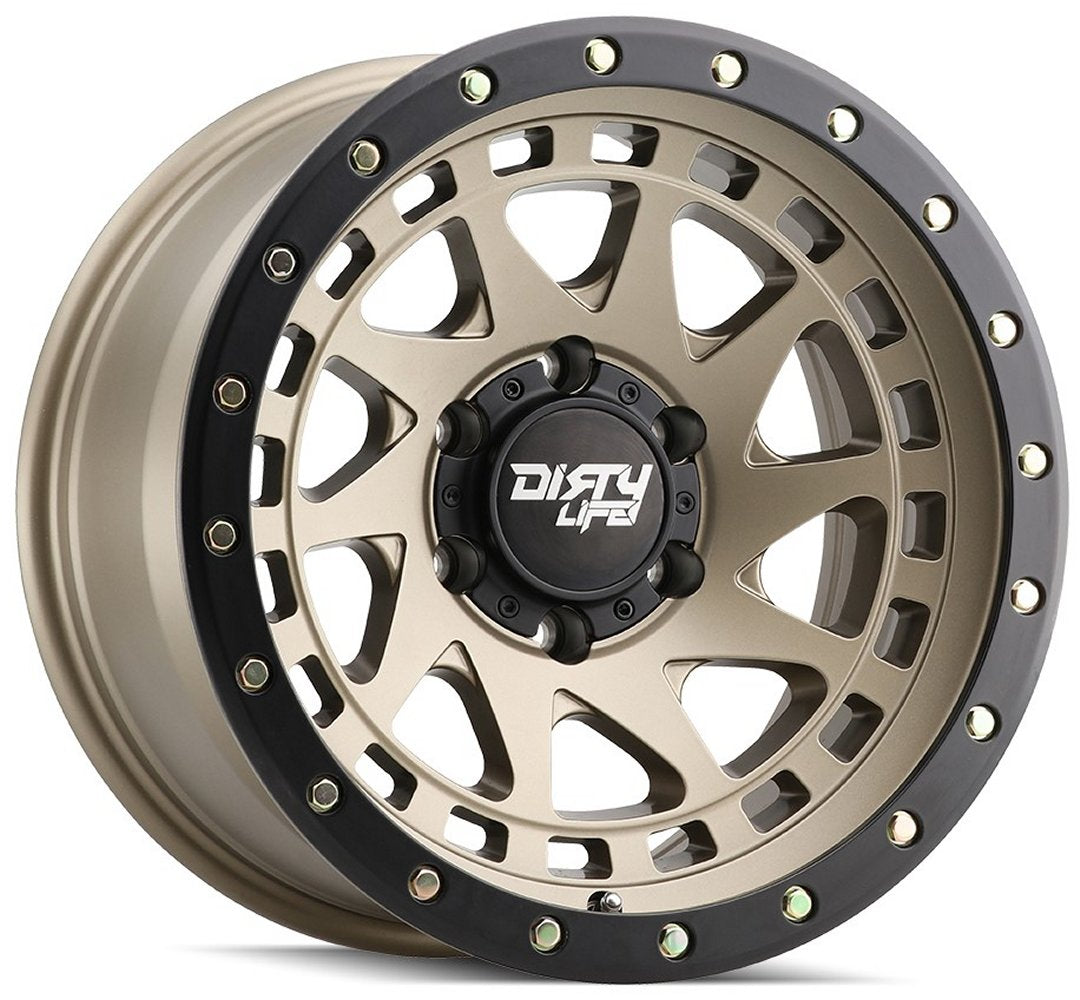 17x9 Dirty Life 9311 Enigma Pro Satin Gold w/ Simulated Beadlock Black Ring 6x5.5/139.7 -12mm