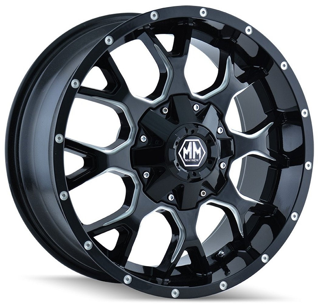 18x9 Mayhem Warrior 8015M Gloss Black w/ Milled Spokes 6x135 6x5.5/139.7 18mm