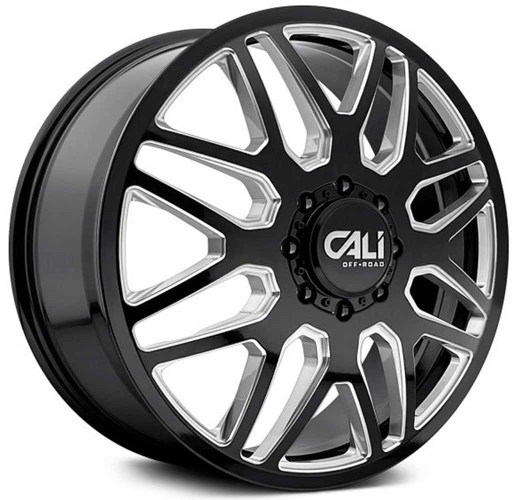 22x8.25 Cali Off-Road Invader Dually Front 9115D Gloss Black w/ Milled Spokes 8X6.5/165 115MM 121.3 C.B.