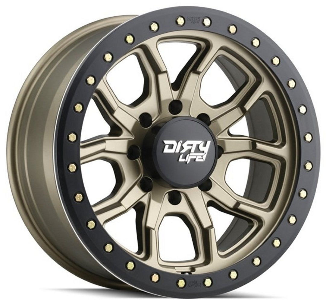 17x9 Dirty Life 9303 DT-1 Satin Gold w/ Simulated Beadlock Black Ring 8x6.5/165 -12mm