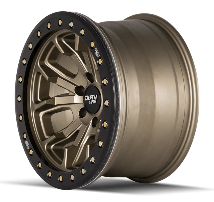 17x9 Dirty Life 9303 DT-1 Satin Gold w/ Simulated Beadlock Black Ring 8x6.5/165 -12mm