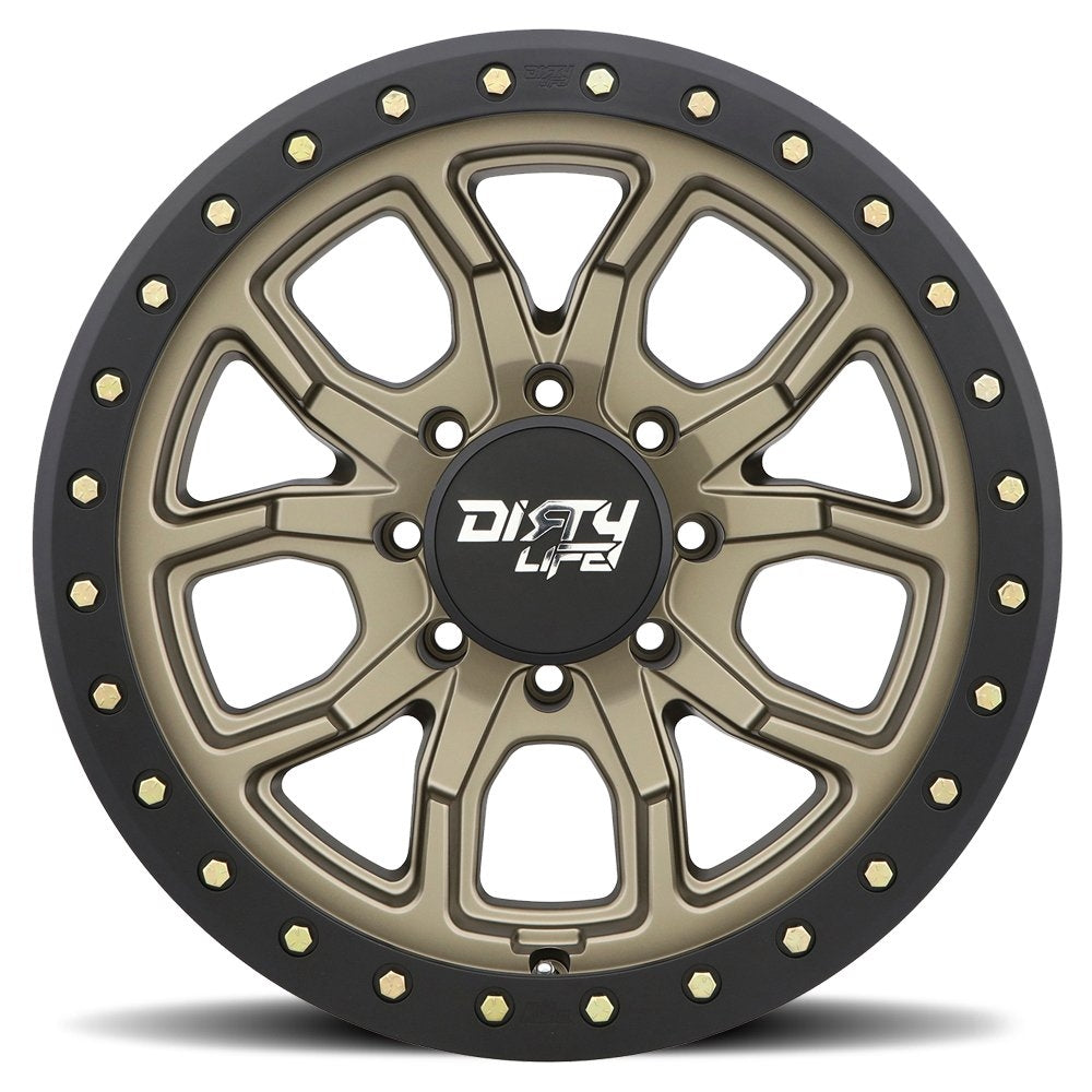 17x9 Dirty Life 9303 DT-1 Satin Gold w/ Simulated Beadlock Black Ring 8x6.5/165 -12mm