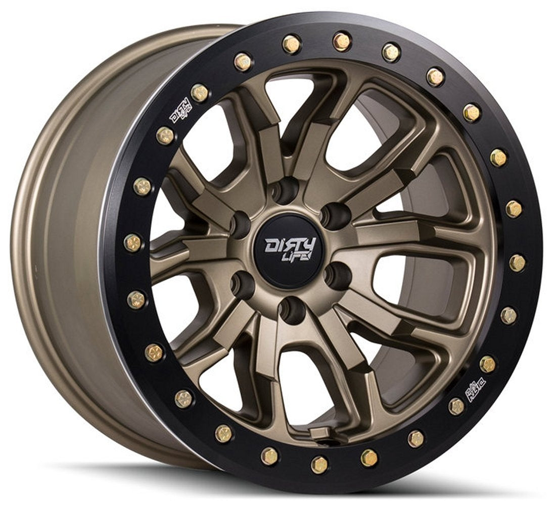 17x9 Dirty Life 9303 DT-1 Satin Gold w/ Simulated Beadlock Black Ring 8x6.5/165 -12mm