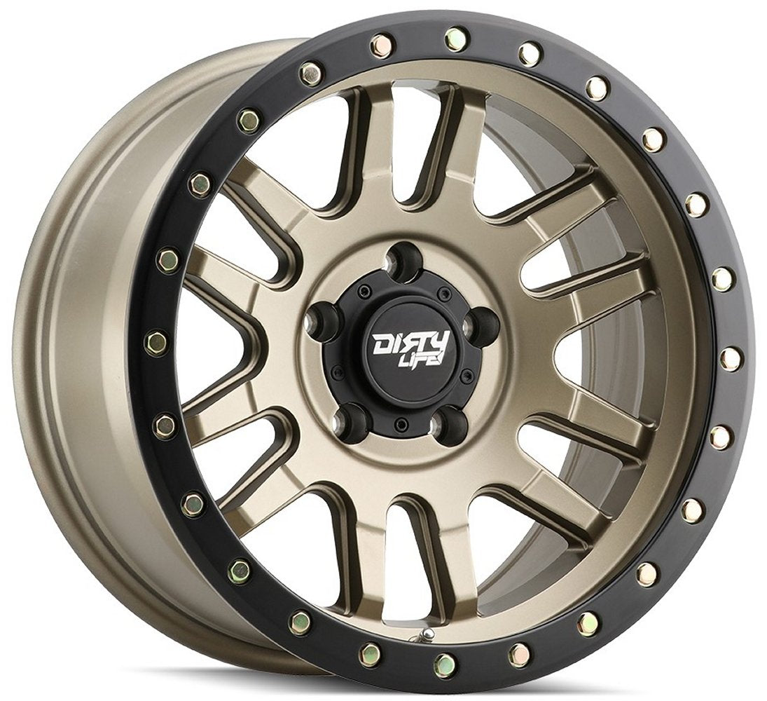 17x9 Dirty Life 9309 Canyon Pro Satin Gold w/ Simulated Beadlock Black Ring 6x5.5/139.7 -12mm - Flex Offroad