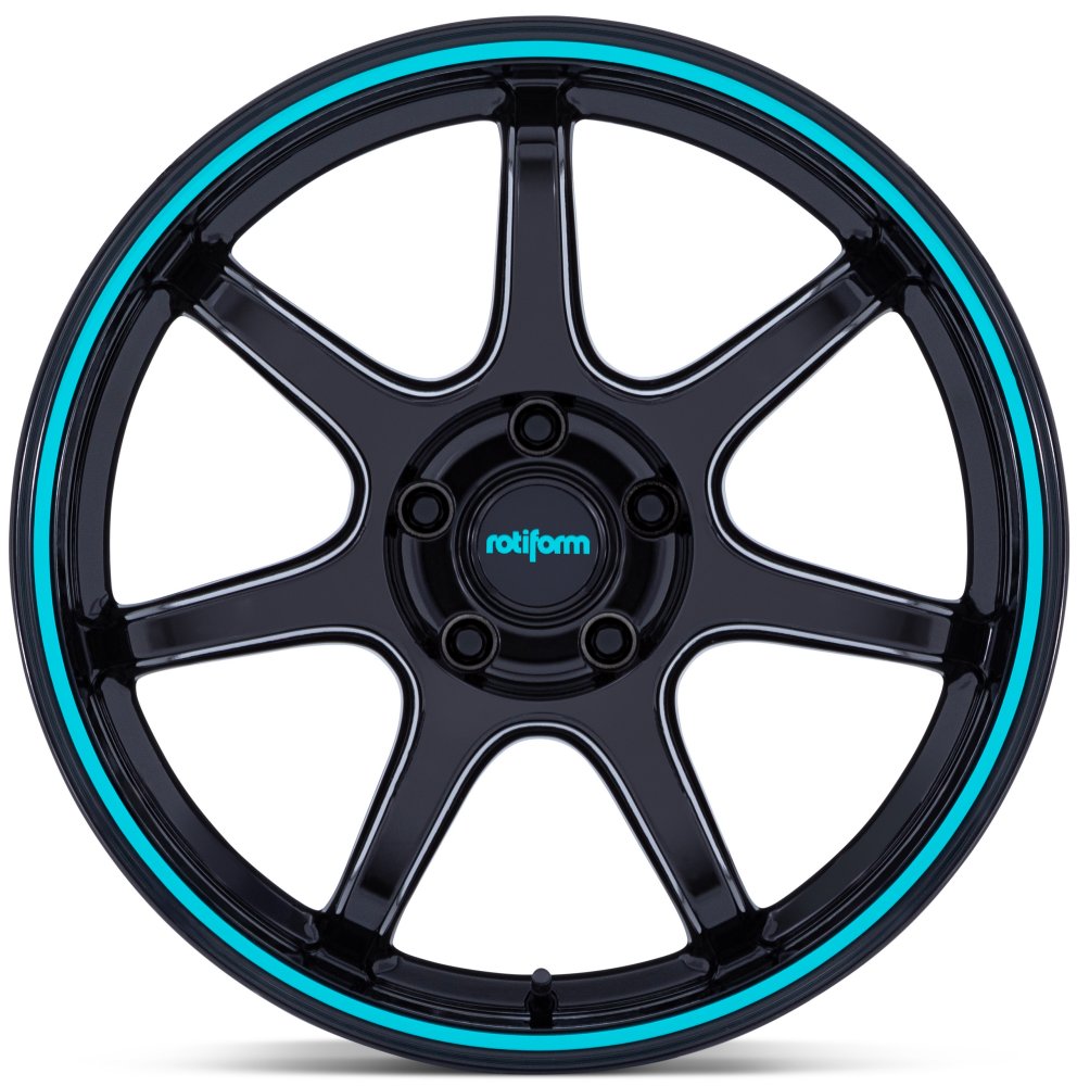 18X8.5 Rotiform LBPU Gloss Black w/ Teal Stripe RC208 5x4.5/114.3 35mm